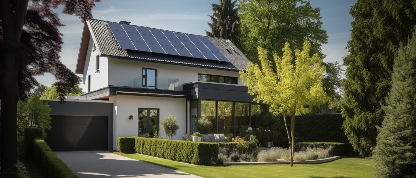 elegant house with solar panels and tree shaded facade. generati